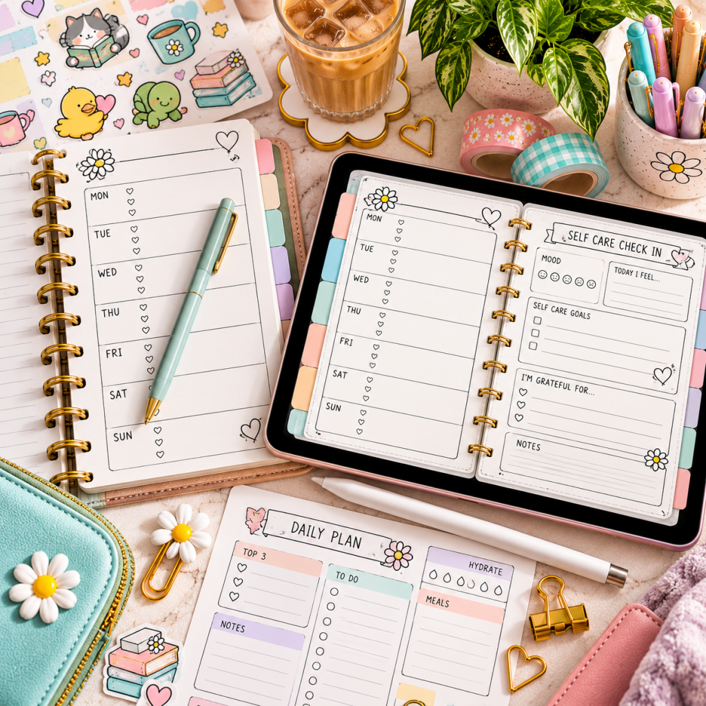 Paper weekly planner beside an iPad digital planner and printable planning pages in a colorful hybrid planning workspace.