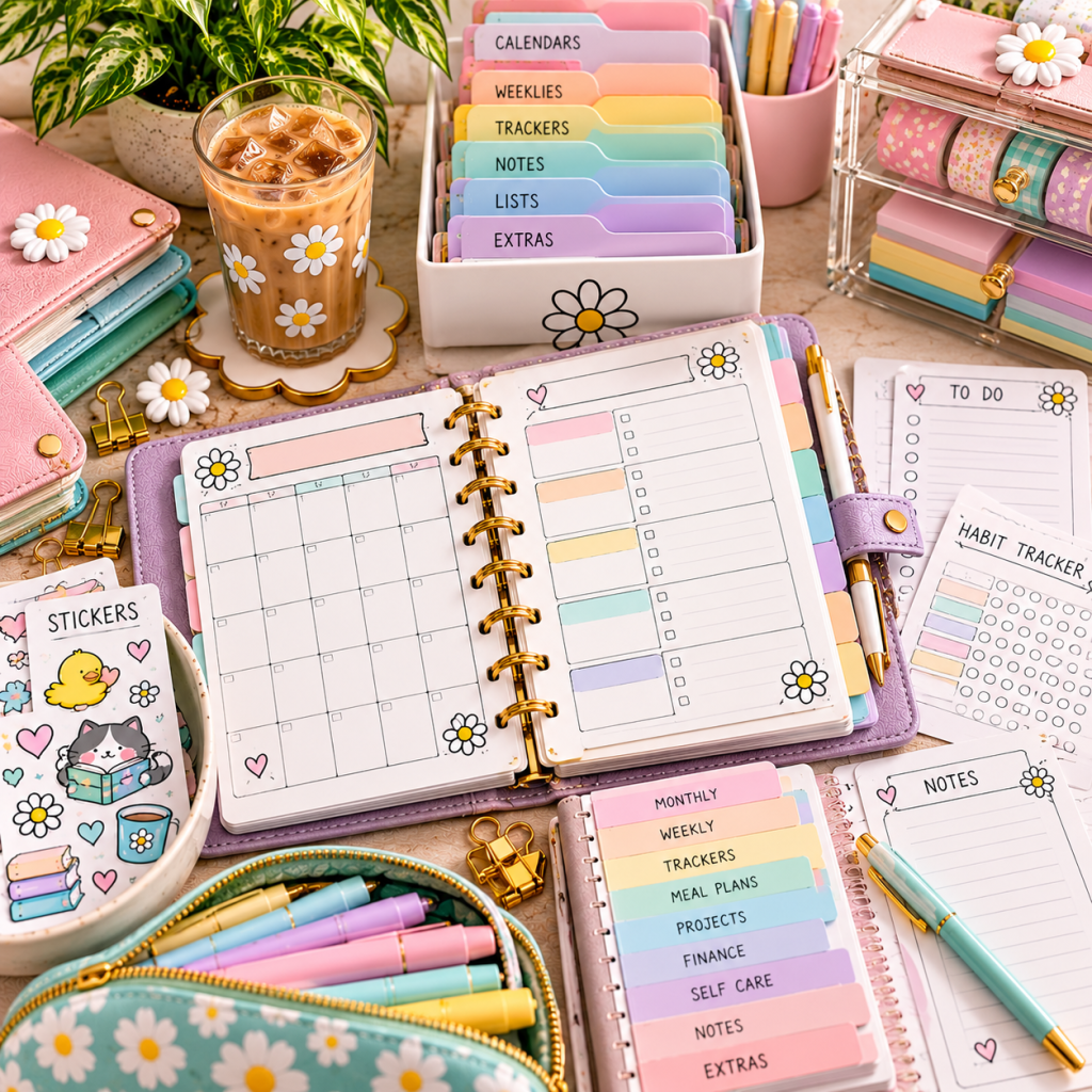 Organized ring-bound paper planner with colorful dividers, category tabs, habit trackers, storage containers, and planning accessories.