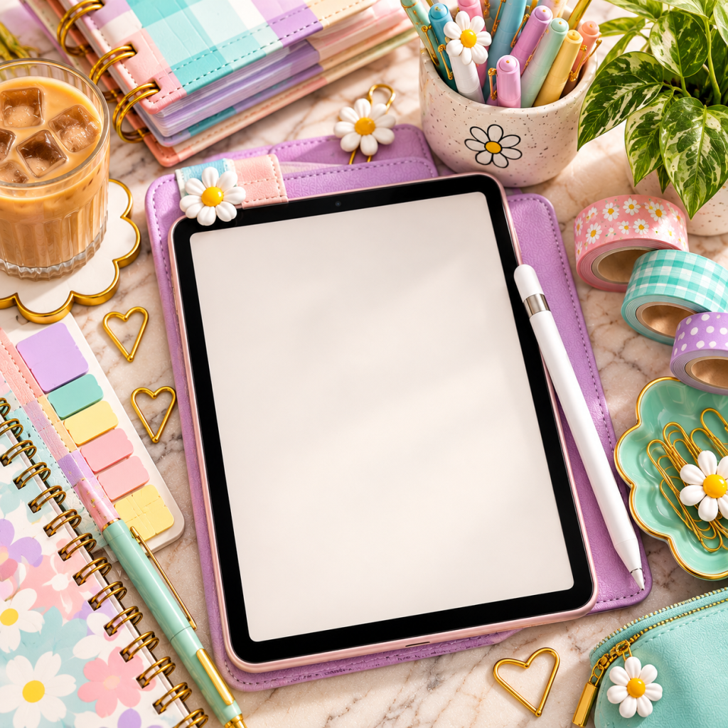 Blank iPad with Apple Pencil-style stylus surrounded by pastel stationery, notebooks, and washi tape for digital planning app tutorials.