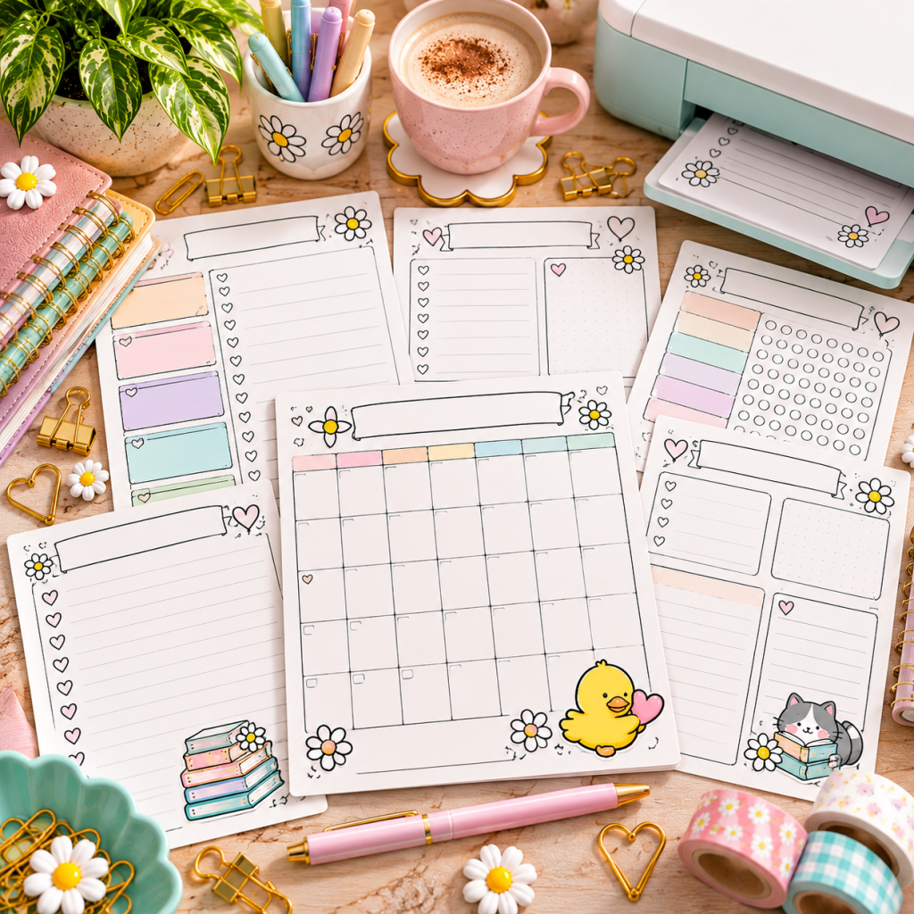 Assorted printable planner pages featuring monthly calendars, checklists, habit trackers, and weekly layouts beside a home printer.