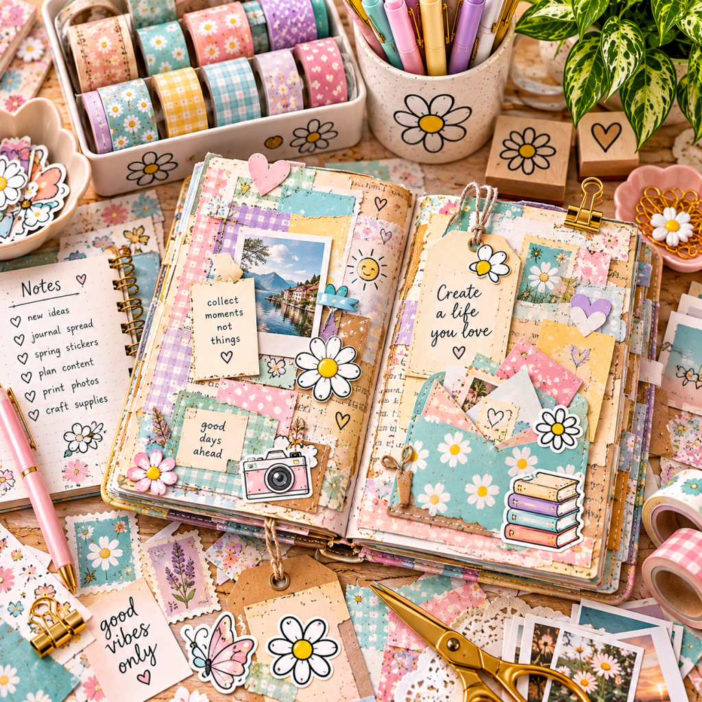 Decorated paper planner with colorful washi tape, kawaii stickers, handwritten checklists, creative planning ideas, and daisy accents.