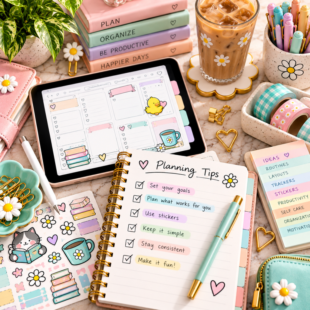 Colorful planning tips notebook with highlighted organization checklist beside an iPad digital planner and pastel planning supplies.
