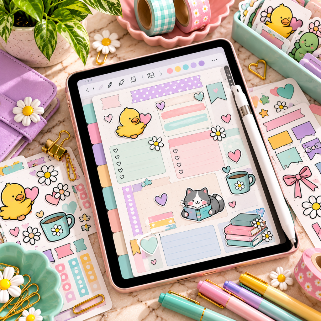 iPad digital planner decorated with colorful kawaii digital stickers, pastel boxes, cute animals, hearts, and daisies.