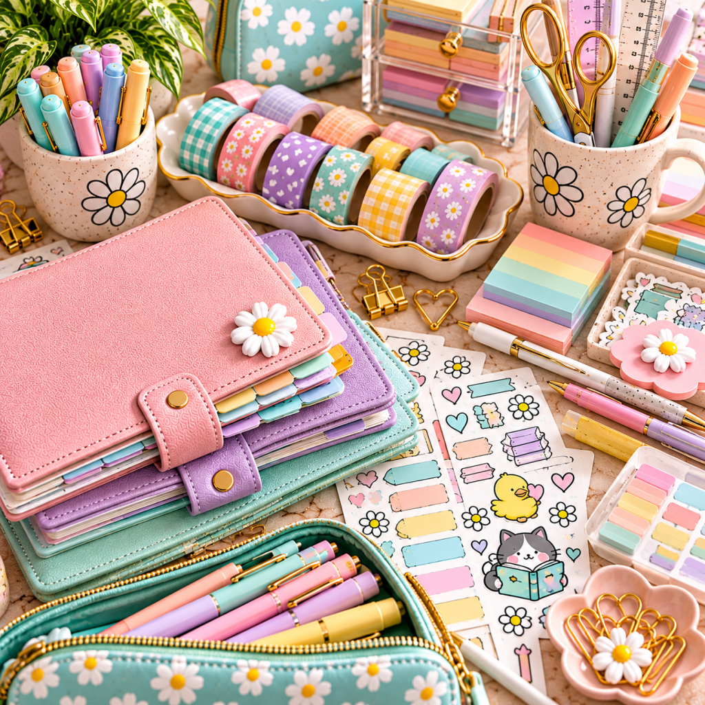 Colorful collection of paper planner supplies including pastel binders, washi tape, sticker sheets, pens, highlighters, and paper clips.