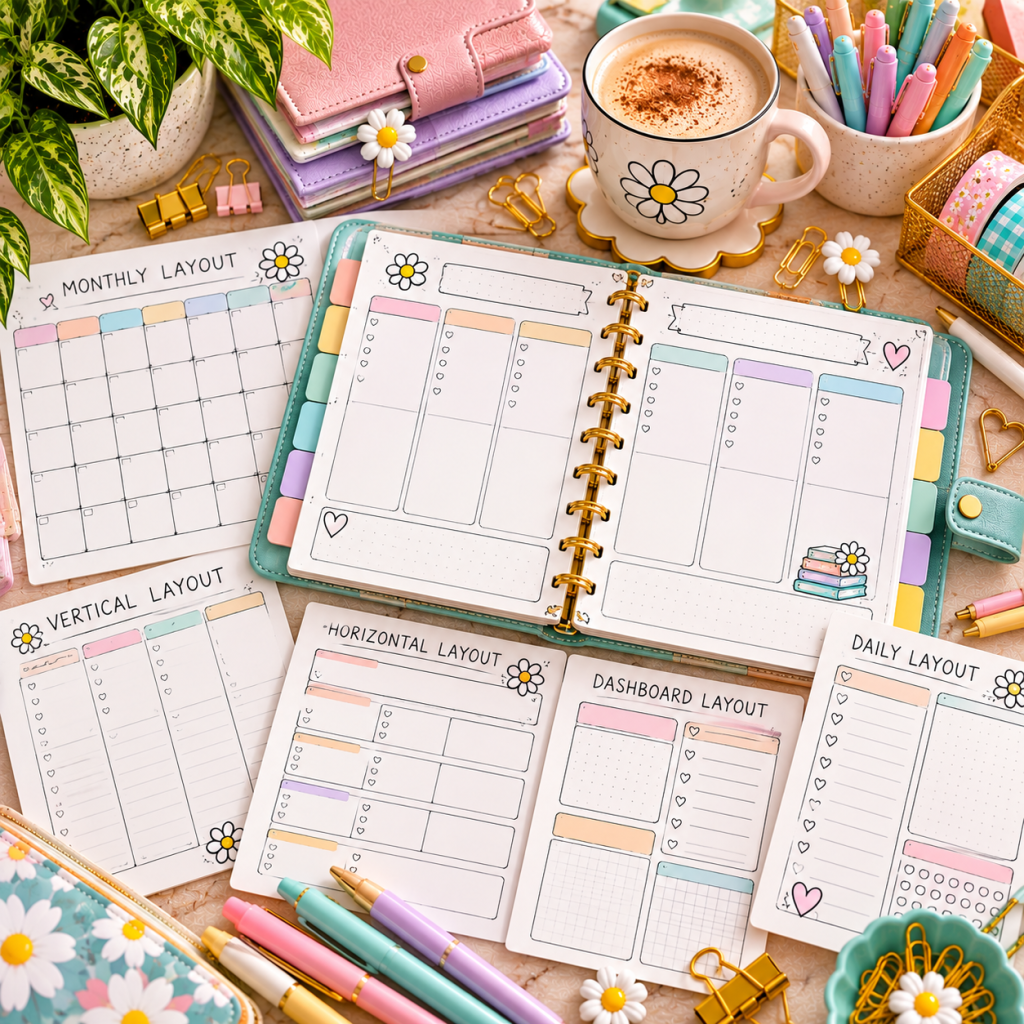 Assorted paper planner layouts including monthly calendar, vertical weekly, horizontal weekly, daily, and dashboard planner pages.