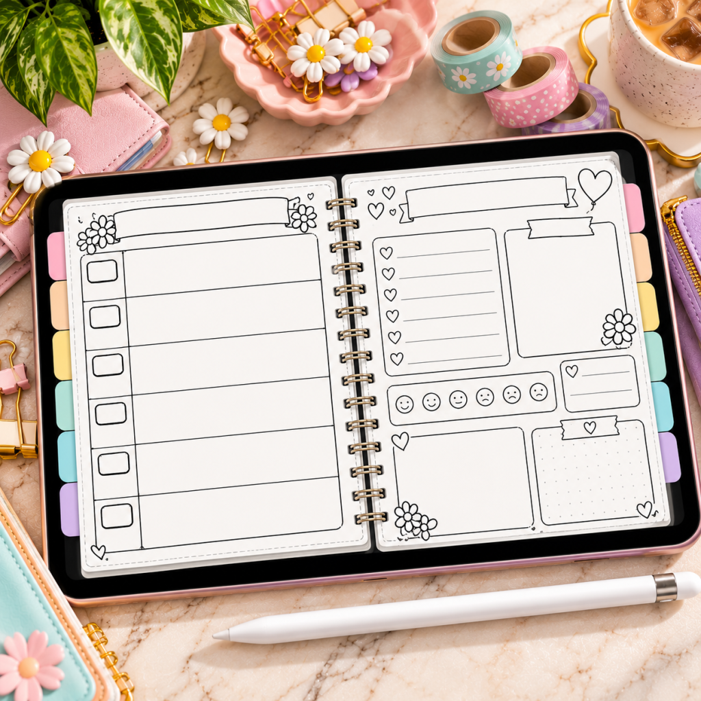 Landscape iPad displaying a customizable black-and-white digital planner with blank weekly calendar, self-care check-in, and colorful blank tabs.