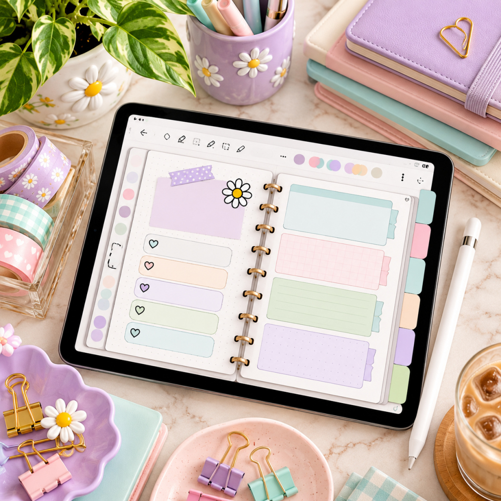 Pastel digital planner displayed on an iPad with blank notebook sections, colorful tabs, and stylus for beginner digital planning.