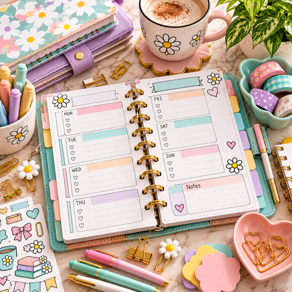 Open weekly paper planner with pastel daily sections, daisy decorations, colorful pens, and paper planning supplies.