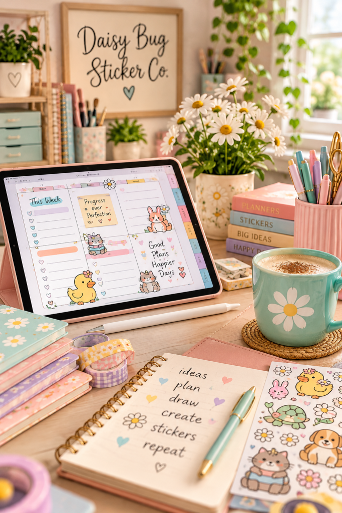 Bright Daisy Bug Sticker Co. creative workspace featuring digital planner stickers on an iPad, fresh daisies, iced coffee, and colorful planning supplies.